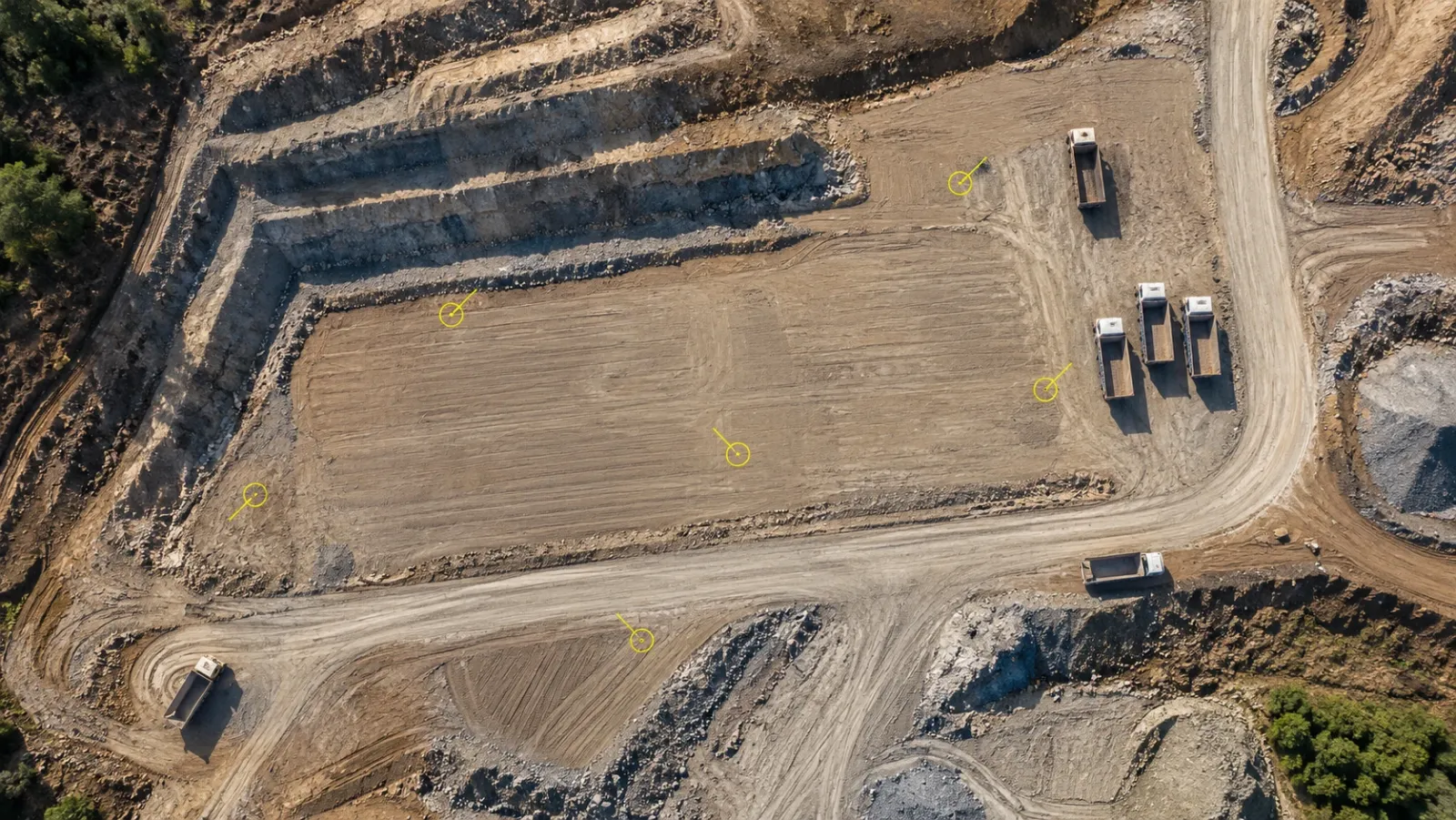 Top-down drone view of a graded earthworks pad at midday with cut benches and a haul road, scattered survey targets marked by small yellow rings
