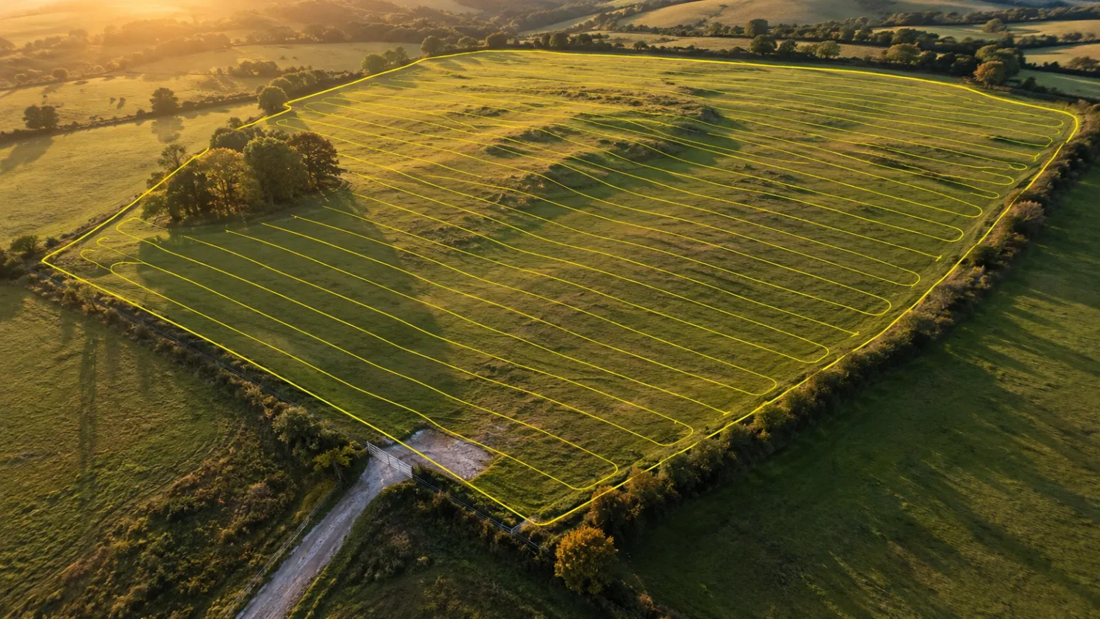 High oblique aerial view of a rolling undeveloped parcel at golden hour with yellow back-and-forth flight lines draped over a ridge and a boundary outline