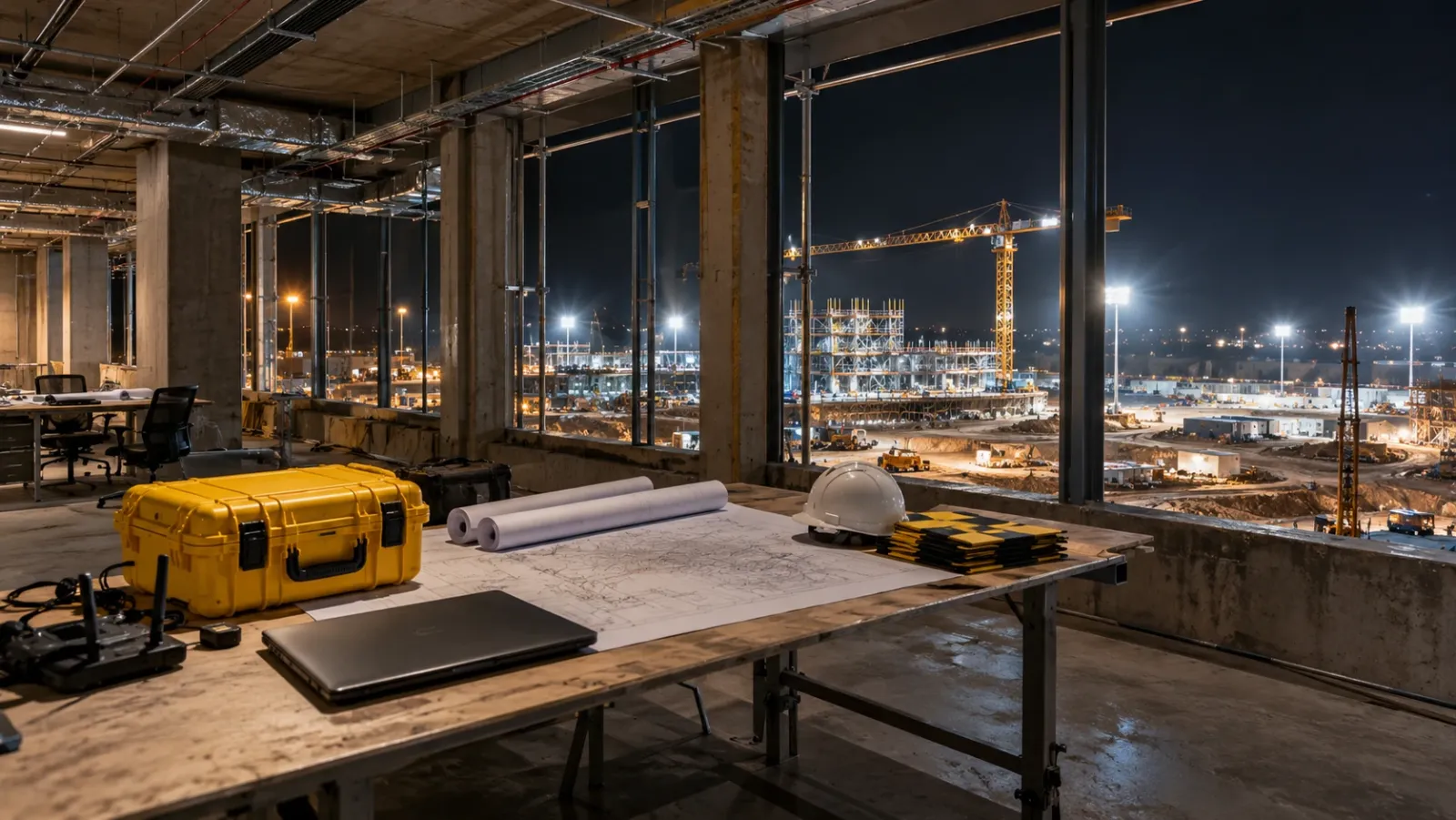 Site office inside a partly finished building at night, with rolled drawings, a closed laptop and a yellow drone case on a plan table beside dark windows over a floodlit site
