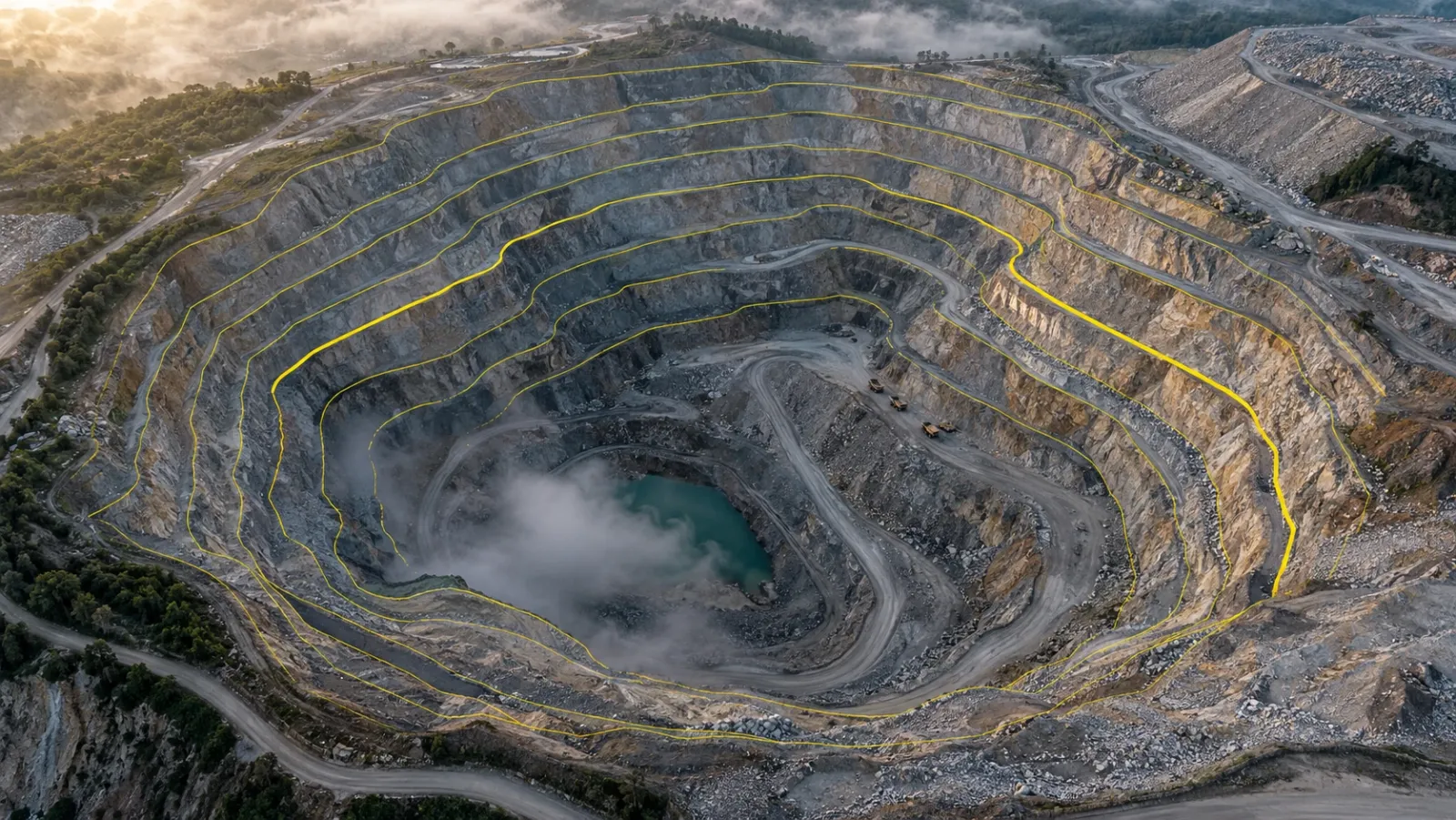 Top-down drone view of an open-pit quarry at dawn with mist in the pit, stepped benches and a haul road, the bench crests traced in thin yellow lines