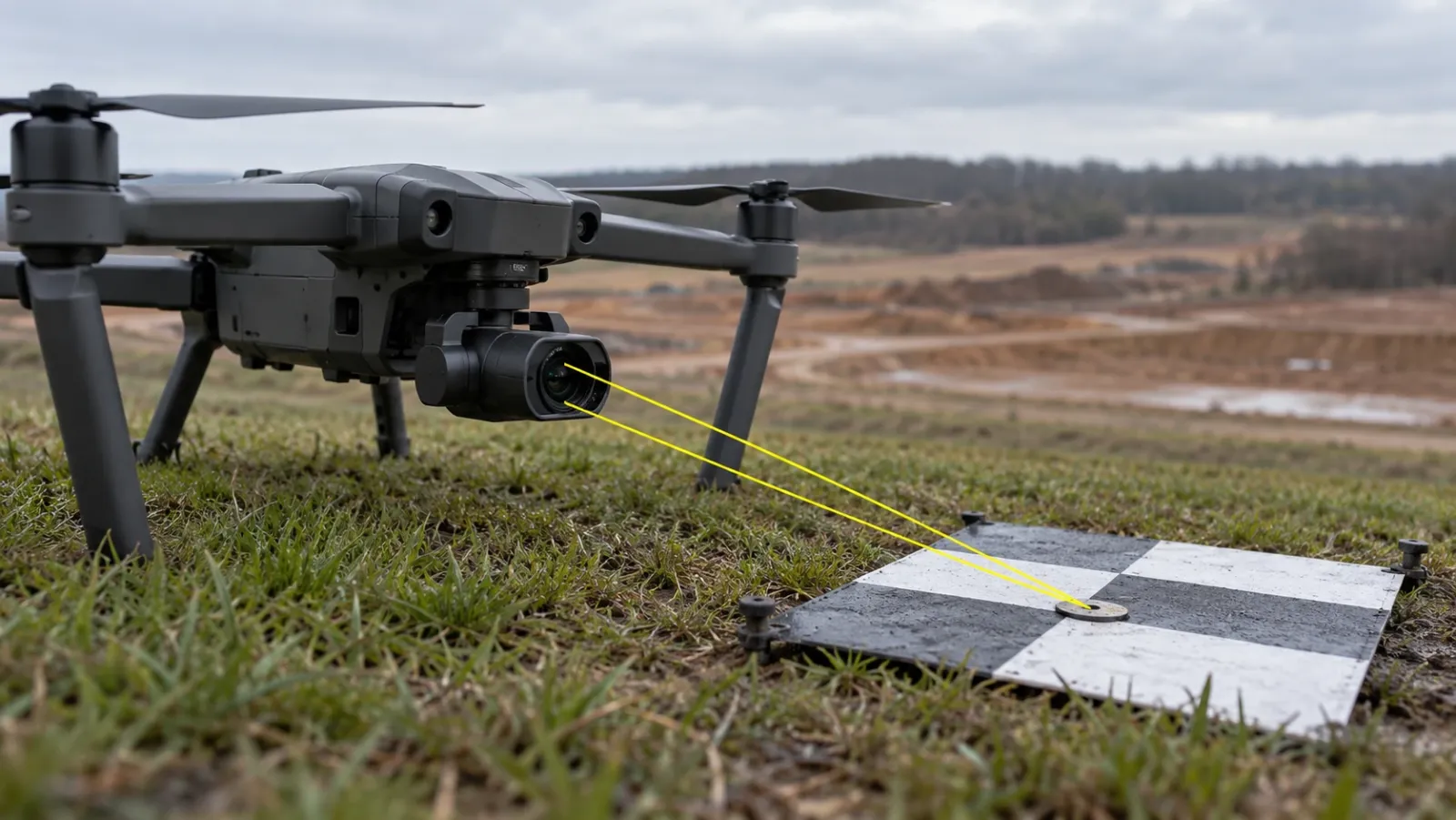 Close-up of a mapping drone's downward-facing camera resting on short grass beside a black and white ground control target, open land softly blurred behind under overcast sky