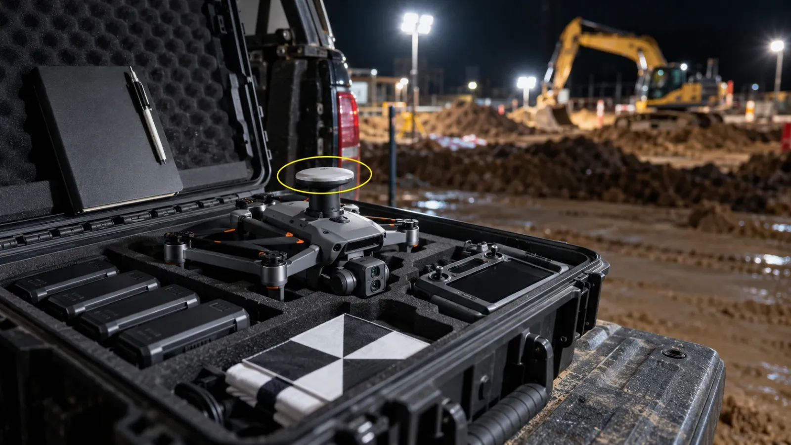 Close-up of a survey drone, its remote controller, a folded ground control target and a closed logbook on an open equipment case under site worklights