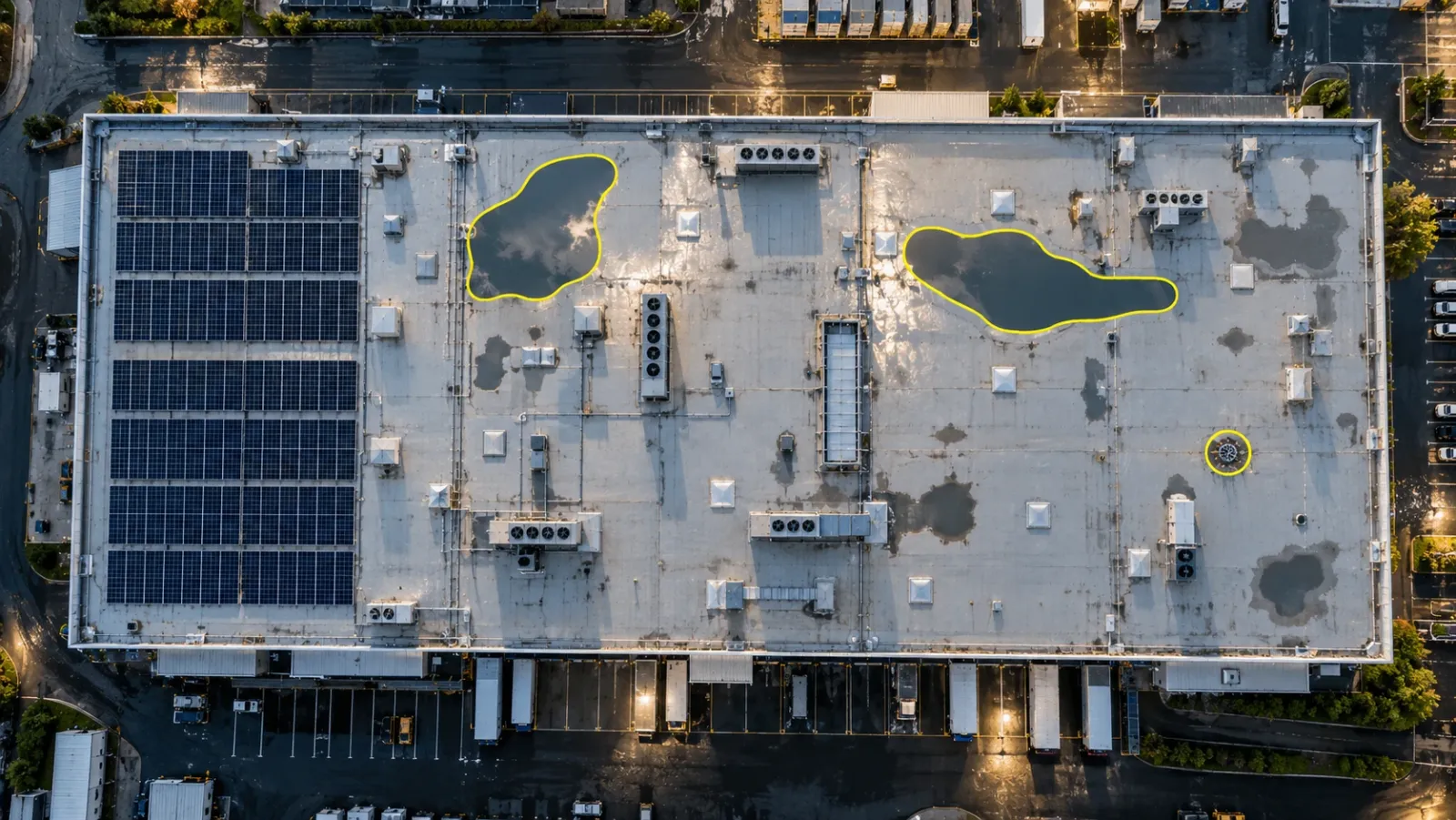 Top-down drone view of a large warehouse flat roof just after rain, with yellow outlines around two areas of ponding water and a circle around one roof drain