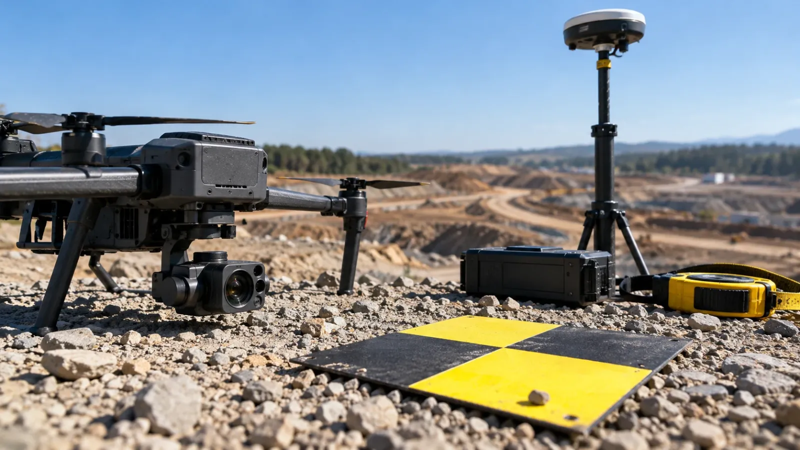 Close-up of a survey drone's camera gimbal resting on gravel beside a GNSS rover pole and a yellow and black ground control target in bright midday sun