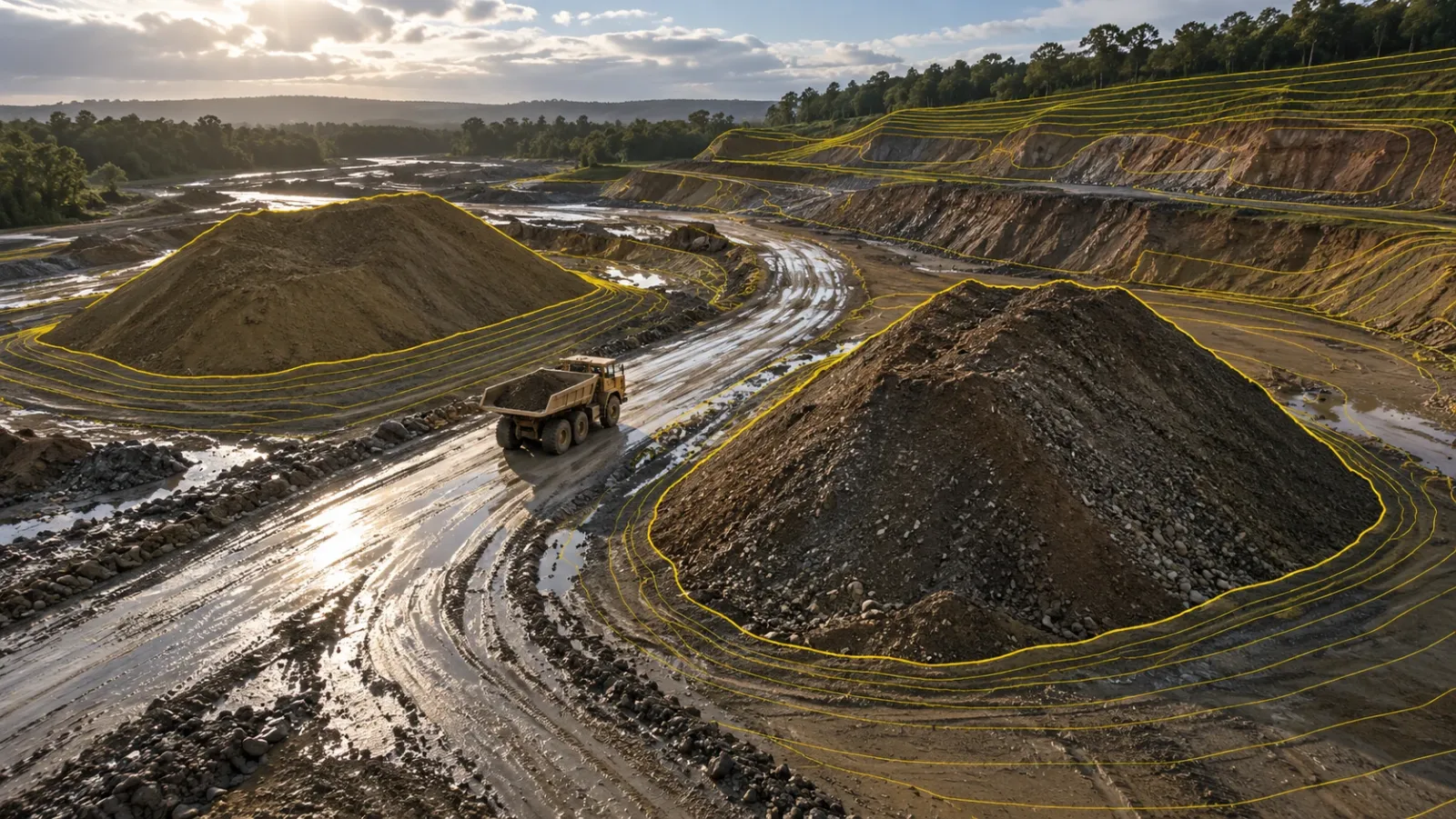 Wet earthworks site after rain with yellow contour lines and outlines around two stockpiles measured for volume