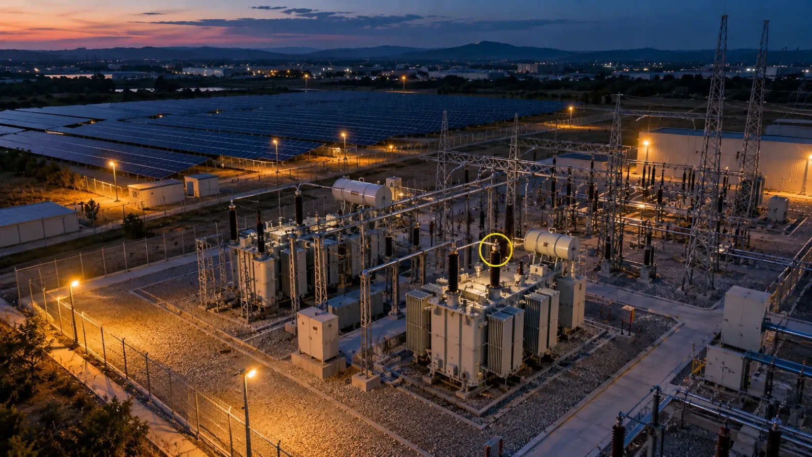 Oblique aerial view of an electrical substation beside a solar farm at blue hour, with a small yellow ring marking one transformer connection
