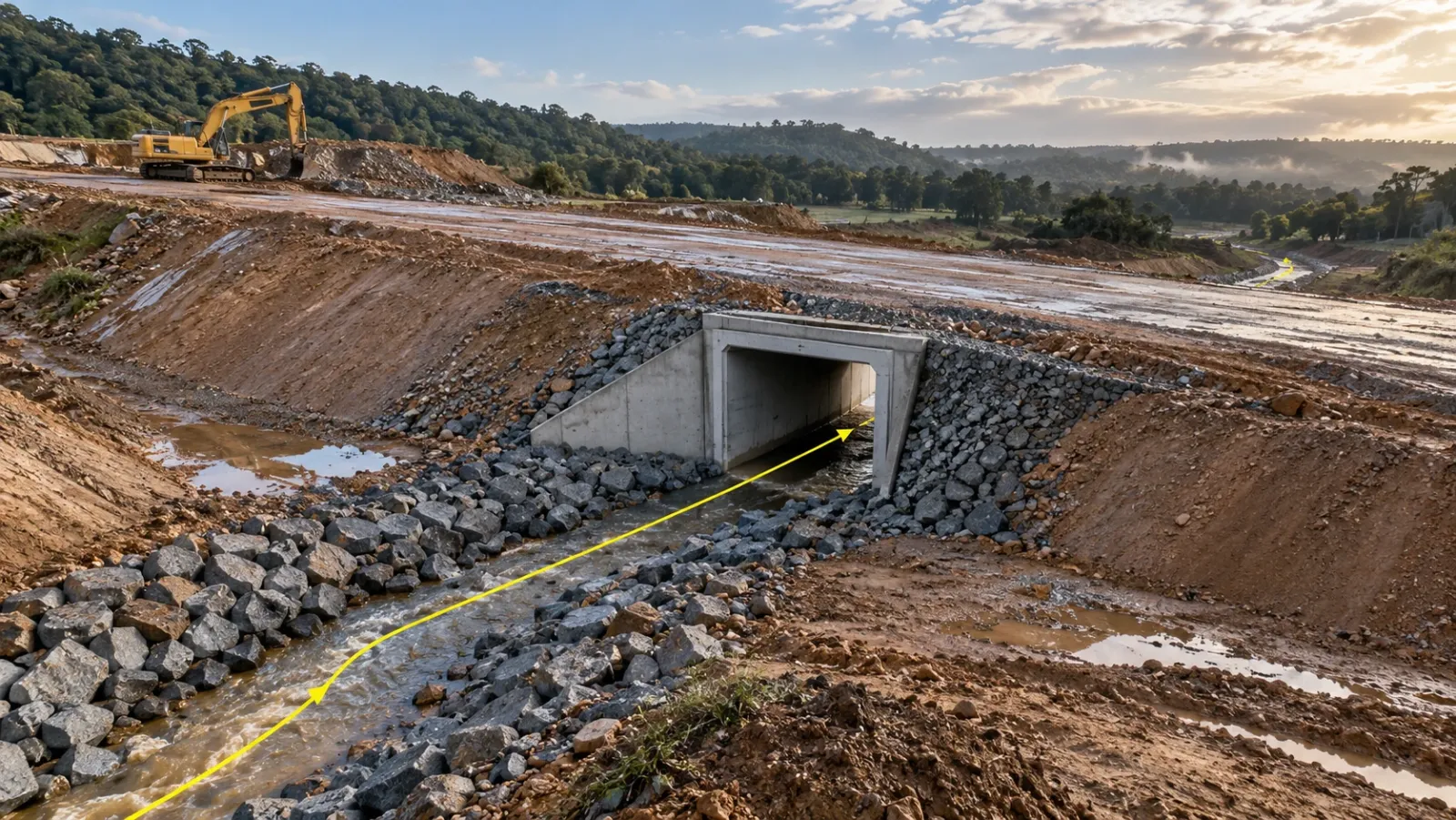 Low aerial view of a new road embankment and box culvert just after rain, with puddles on the wet fill and a thin yellow line tracing the design flow path through the culvert