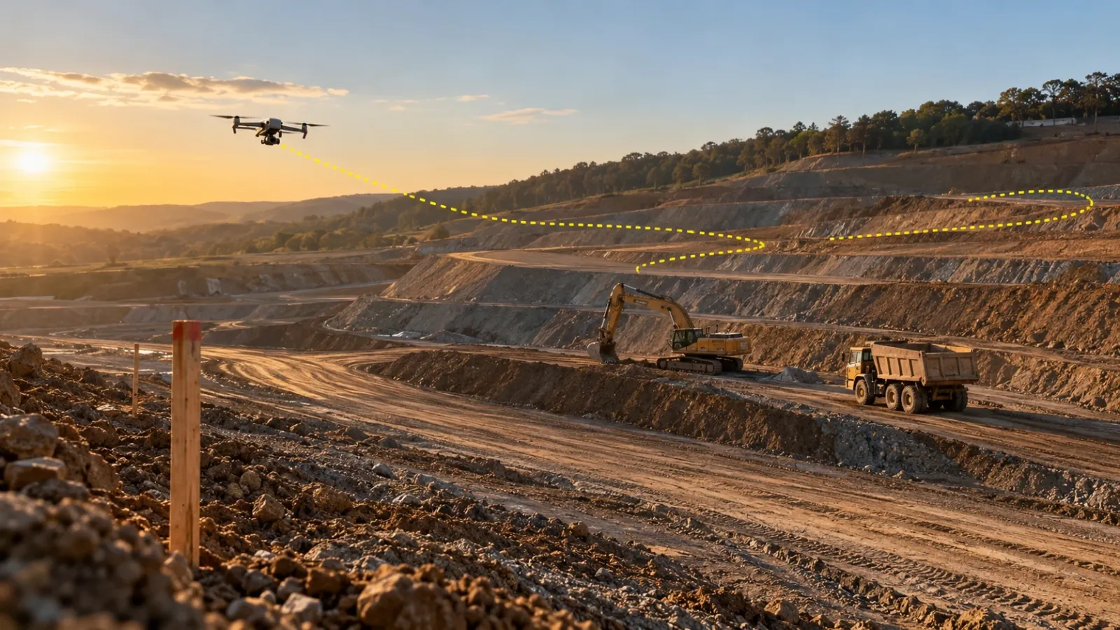 Survey drone hovering a few metres above an active earthworks site in golden-hour light, seen from ground level, with a thin yellow line tracing its flight path over graded terraces