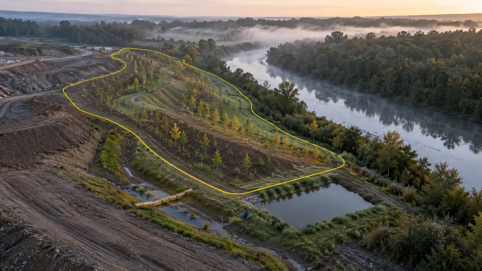 High oblique aerial view at misty dawn of a regraded slope with young planting beside a stream and a sediment pond, the edge of the planted area outlined in thin yellow