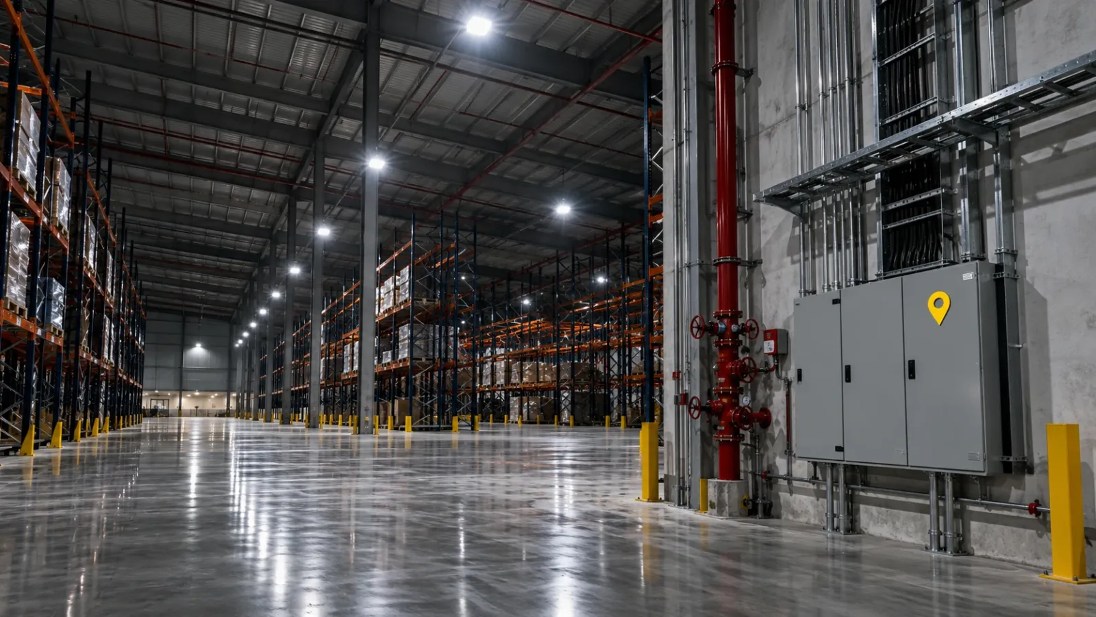 Warehouse interior at night under high-bay lights, with a sprinkler riser and electrical boards on the wall and a small yellow marker on one distribution board
