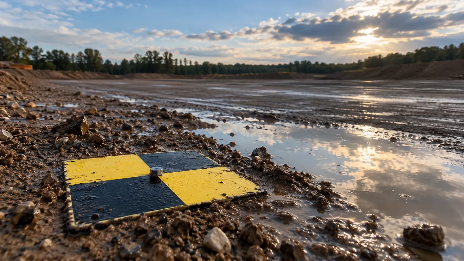 Close-up of a black-and-yellow checkerboard ground control target pegged flat on wet soil after rain, with puddles and an open site blurred behind