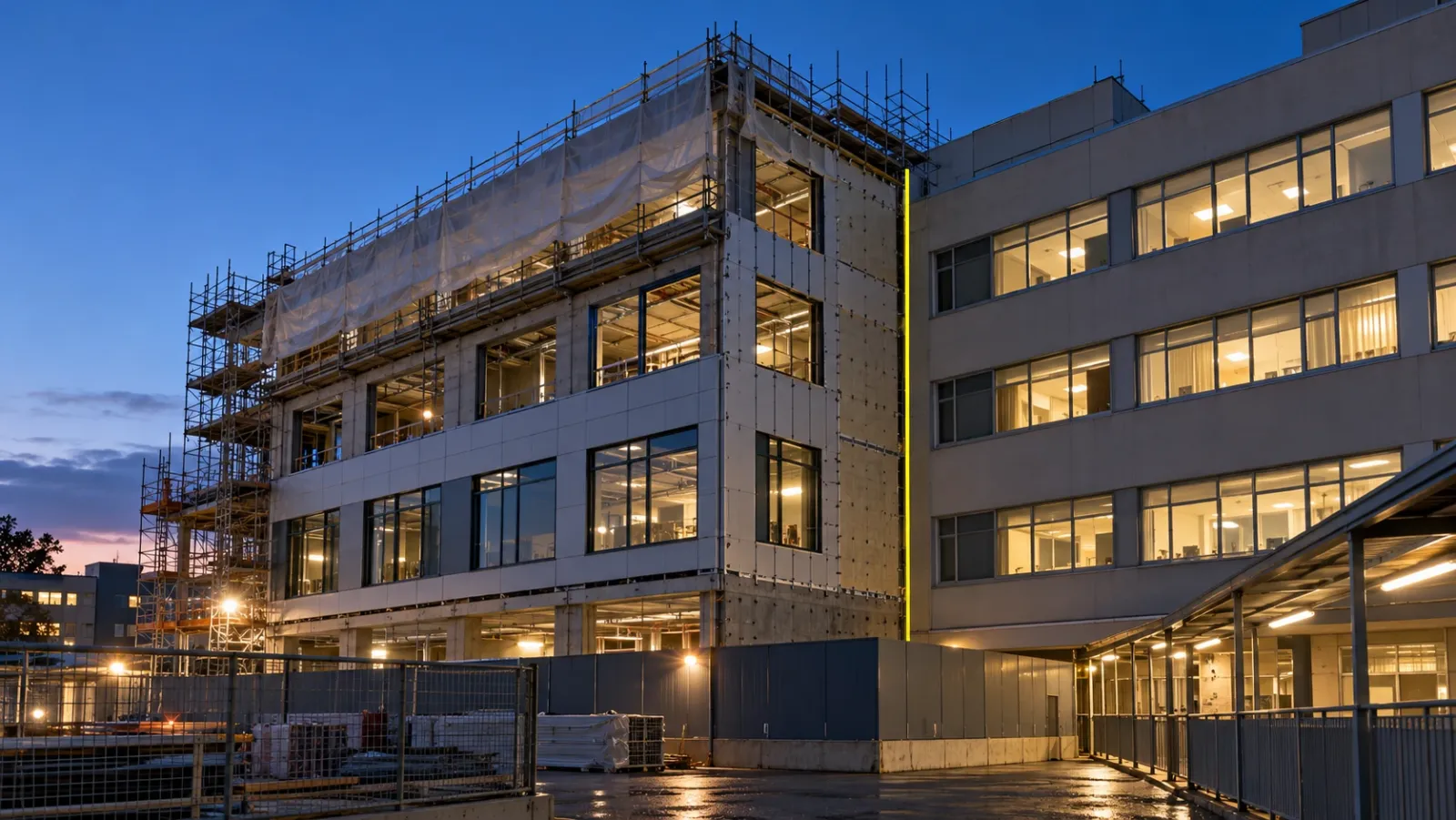 New hospital wing under construction beside an operating hospital at blue hour, with lit ward windows on the old building and a yellow line marking where the two facades join