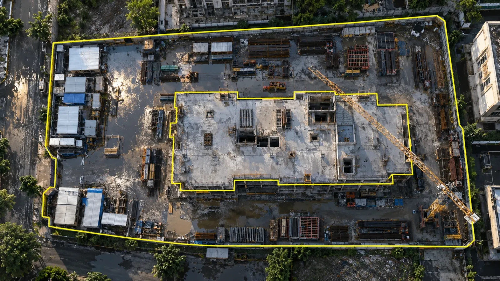 Top-down drone view of a concrete building frame just after rain, with one thin yellow line around the building footprint and a second around the whole site boundary