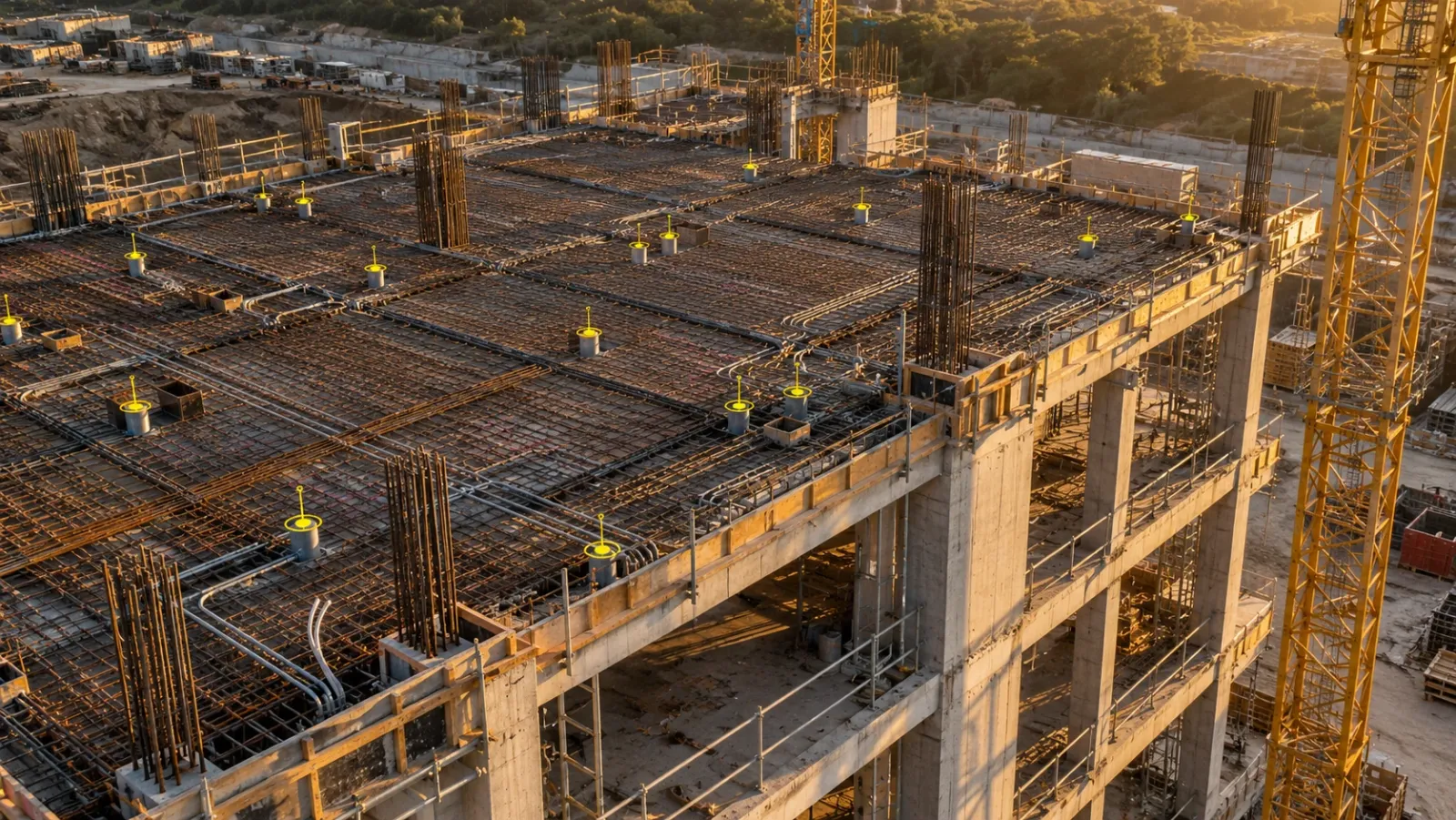 Low aerial view of a concrete frame at golden hour, with reinforcement laid for the next pour and yellow markers showing planned sleeve positions aligned with the real ones