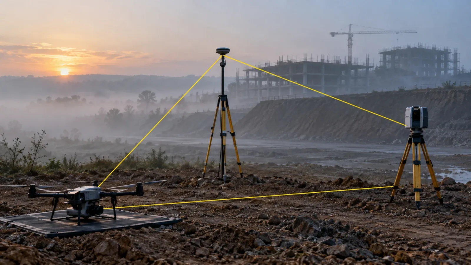 Survey drone on a landing pad, GNSS base receiver and terrestrial laser scanner on tripods at the edge of a misty site at dawn, linked by thin yellow lines