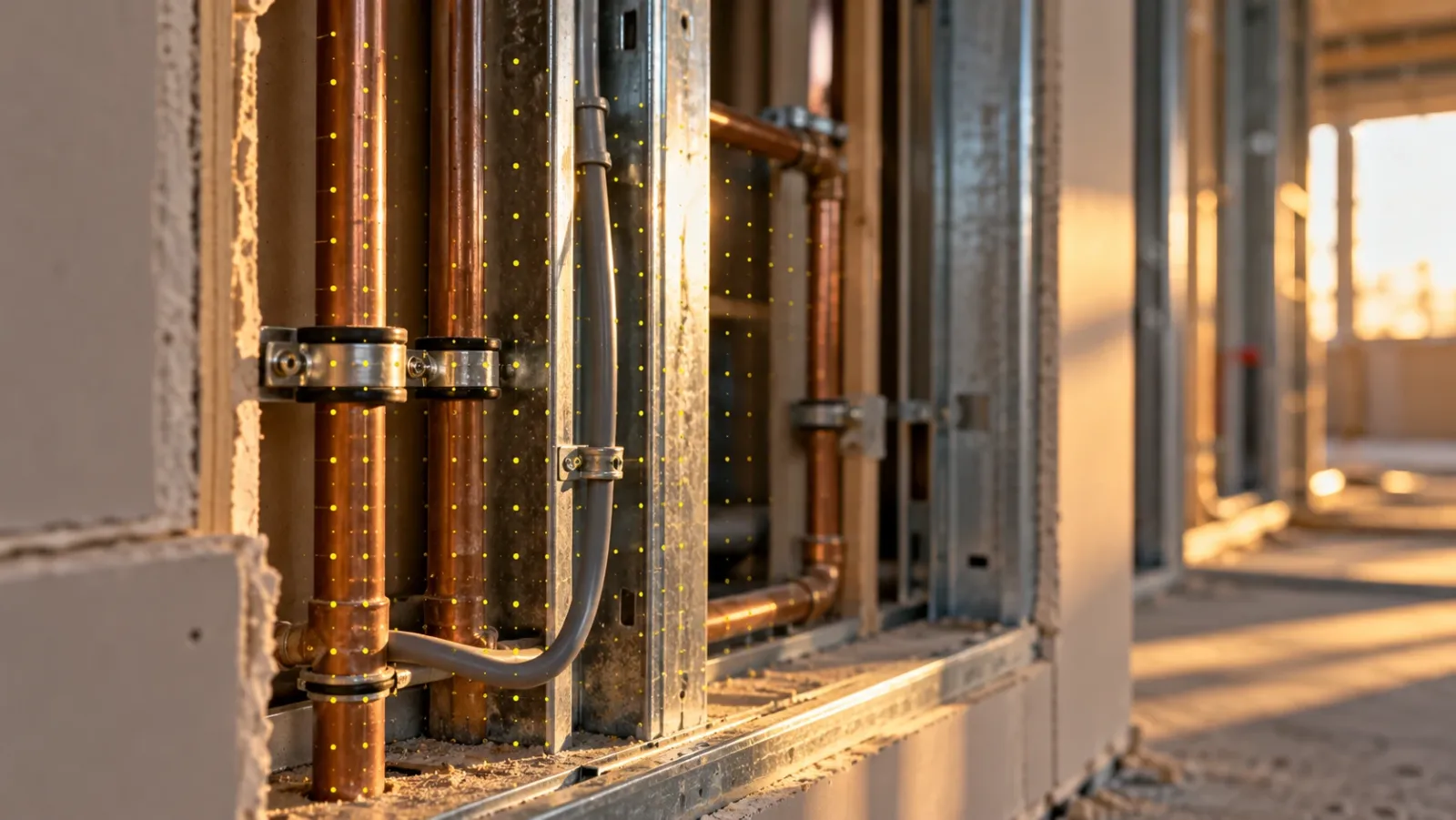 Close-up of copper pipes and cable conduit in an open stud wall in low golden sunlight, with a sparse grid of tiny yellow dots falling across the pipework and fading out