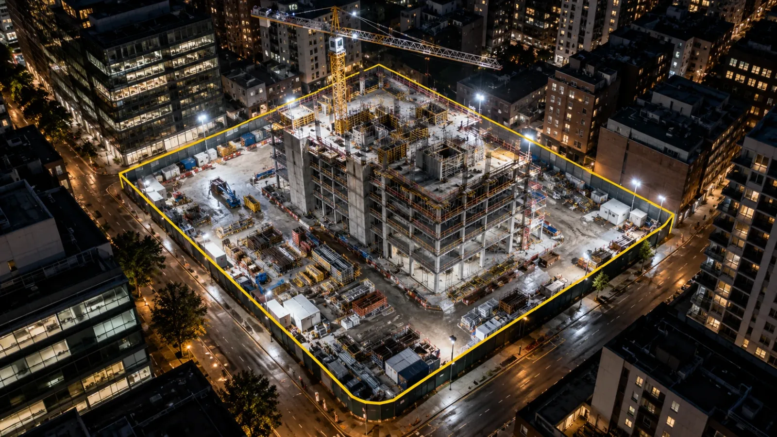 Angled aerial view at night of a floodlit construction site in a dense city block, with a tower crane, a laydown yard and a thin yellow line tracing the perimeter hoarding