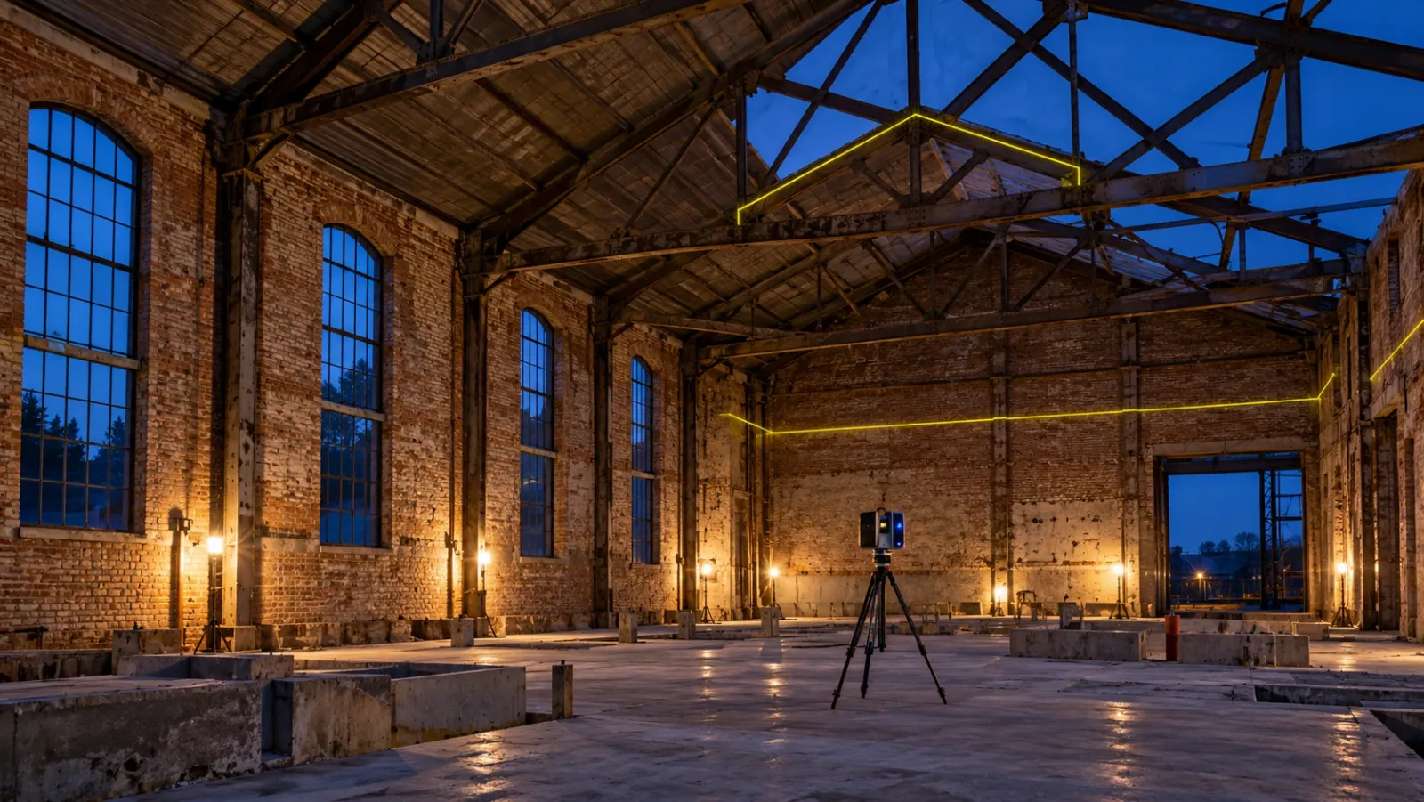 Stripped-out interior of an old industrial hall at blue hour, with a laser scanner on a tripod and one thin yellow line tracing the brick wall and roof truss