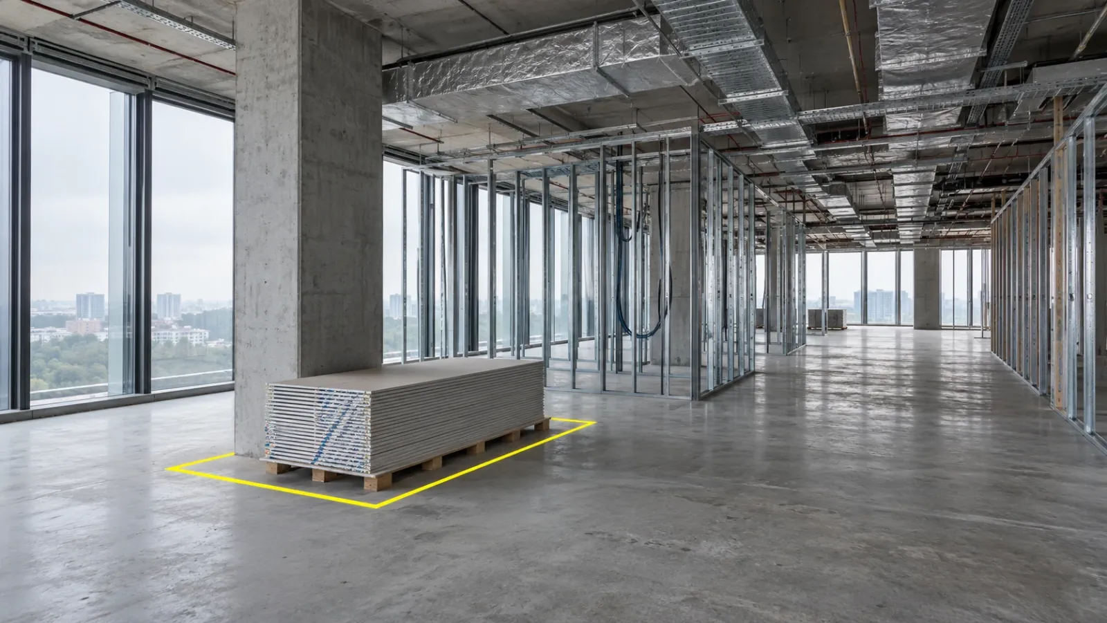 Open-plan office floor during fit-out in soft overcast daylight, with metal stud partitions, ceiling services partly installed and one neat pallet of boards staged in a yellow-outlined laydown zone