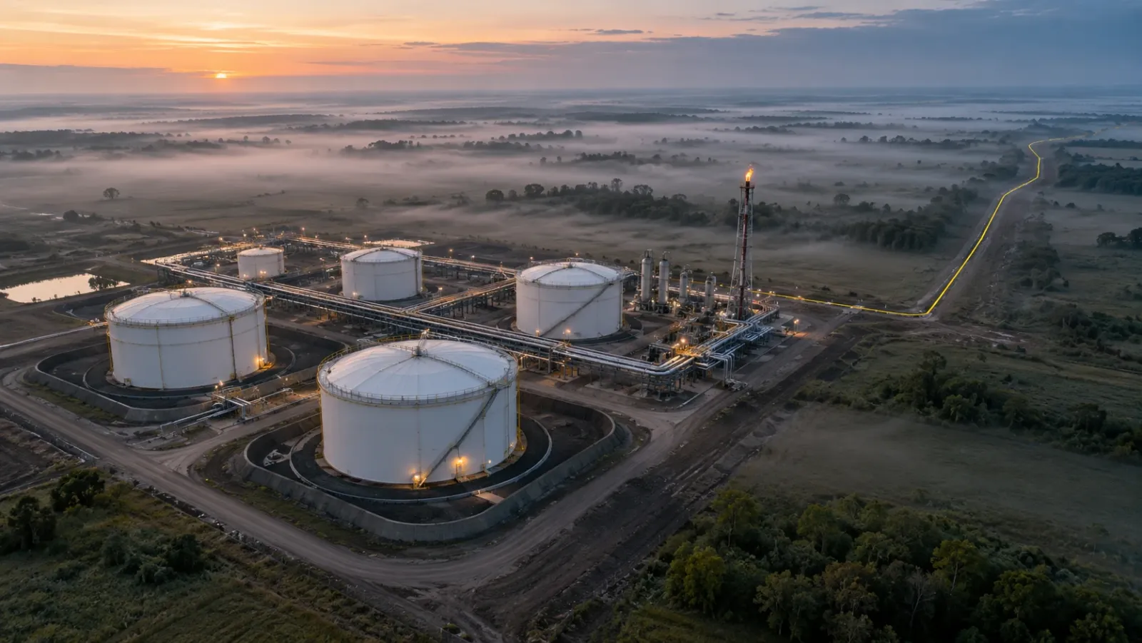 Oblique aerial view of a tank farm at dawn in light mist, with storage tanks, pipe racks and a flare stack, and a yellow line tracing a pipeline route leaving the site