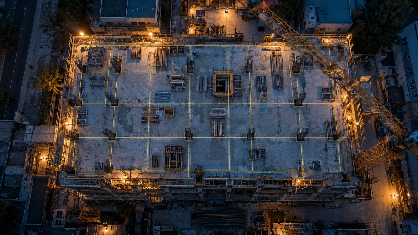 Top-down drone view of a concrete building frame at blue hour, with a fine yellow grid dividing the top deck into equal capture zones