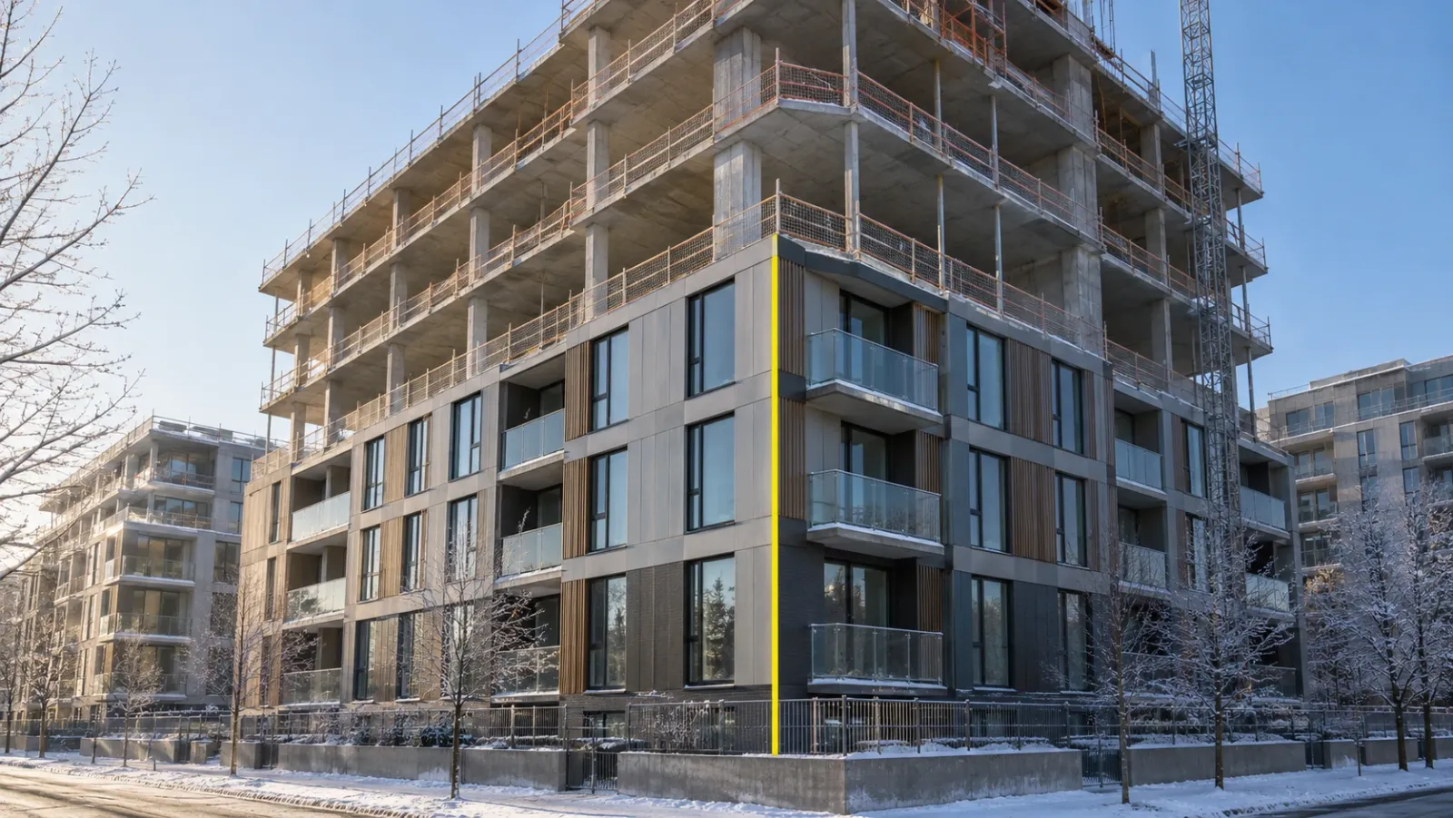 Mid-rise building on a snowy winter morning with lower floors clad and upper floors bare, and a thin yellow line up the corner stopping at the last fully clad floor