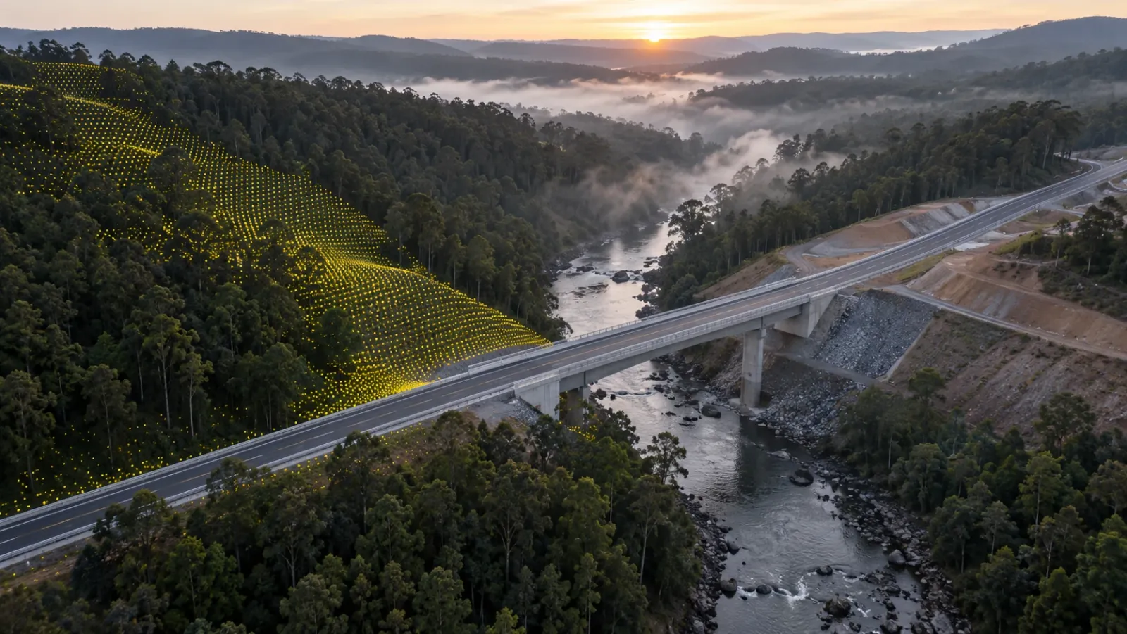 High oblique drone view at dawn of a new road and bridge crossing a misty wooded valley, with a fine yellow pattern of laser points reaching the ground beneath the trees on one side