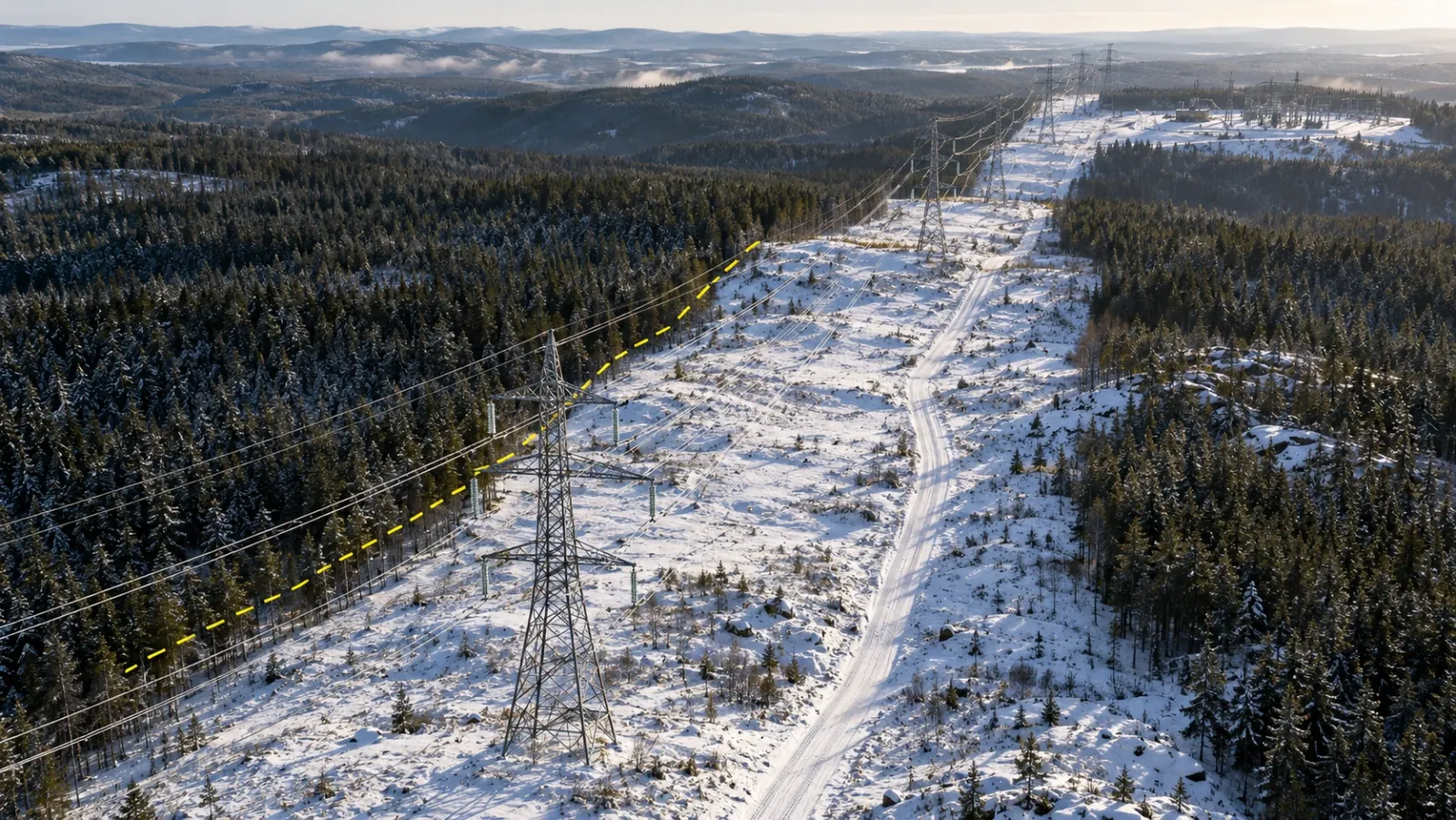 Oblique aerial view of a snowy transmission corridor on a clear winter morning, steel lattice towers carrying lines through a cleared strip of conifer forest, with a thin yellow dashed line tracing the vegetation clearance edge