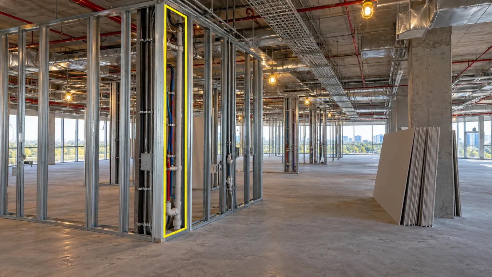 Interior of an office floor under work lights with open metal stud partitions, ductwork and cable trays above an unfinished ceiling grid, one stud bay outlined in yellow