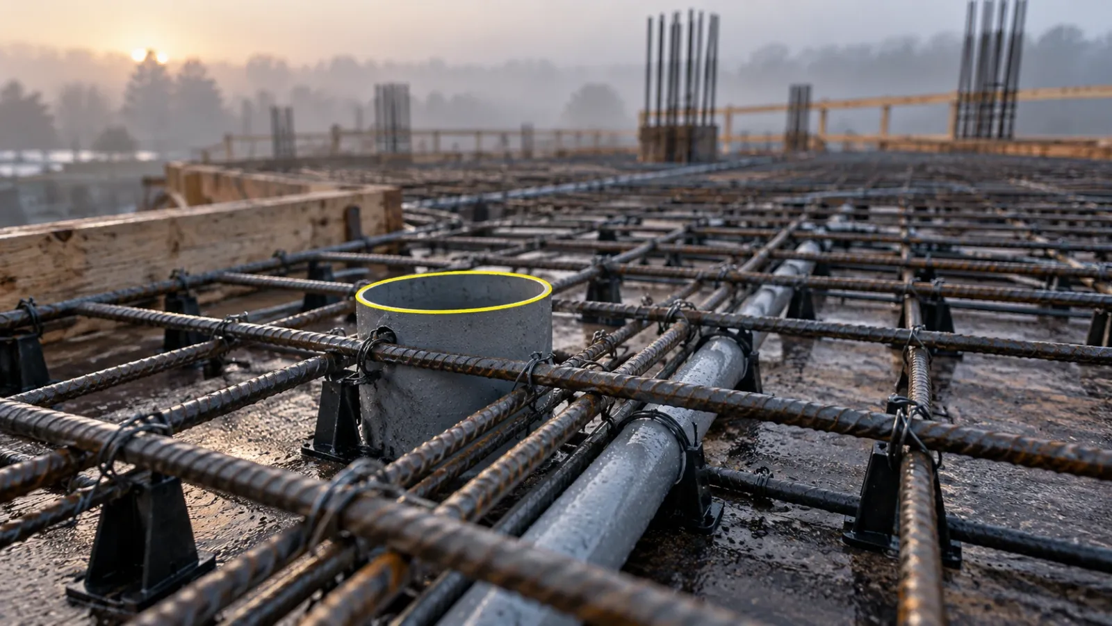 Close-up of a tied reinforcement mat on a concrete deck at misty dawn, with a pipe sleeve and conduit passing through the bars and one sleeve ringed in yellow