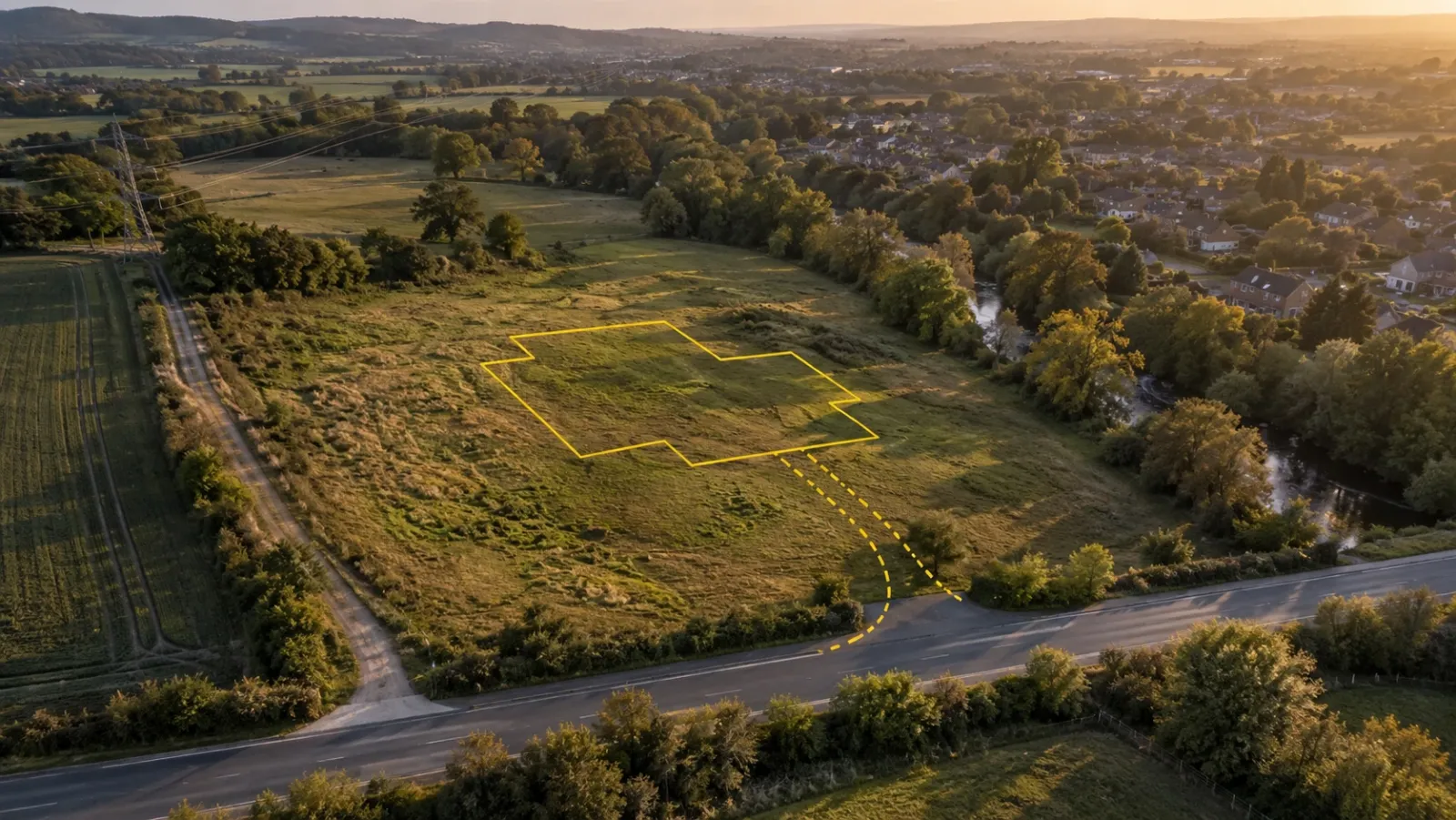 Oblique aerial view of an undeveloped sloping parcel at golden hour, with a yellow outline of the planned building footprint and a dashed line for the proposed site entrance