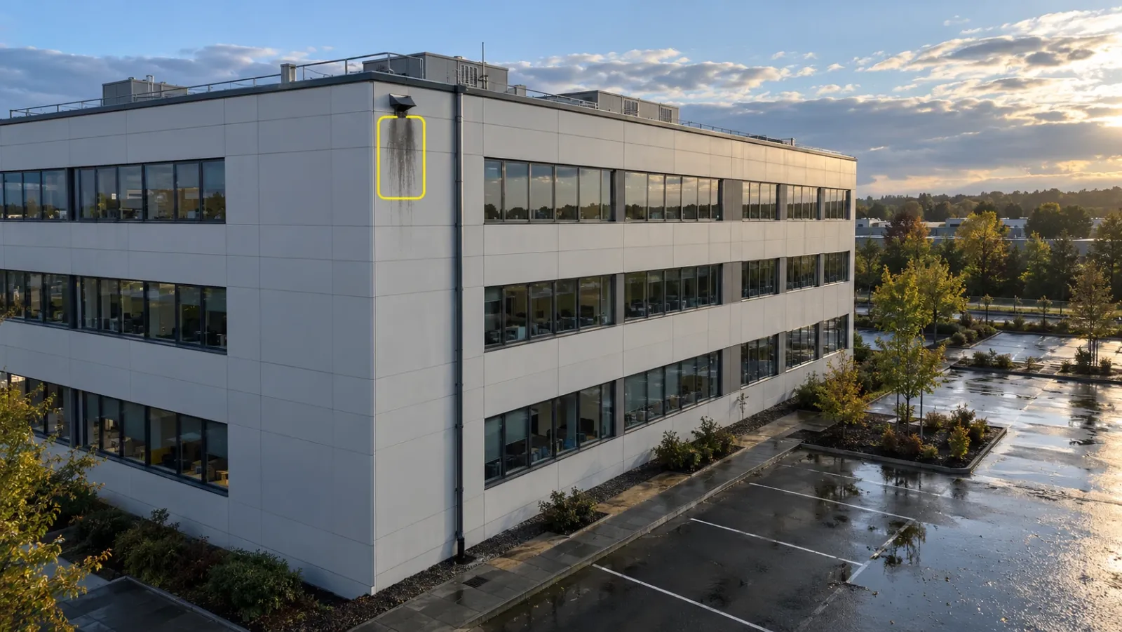 Low drone view of a four-storey office building and its surface car park just after rain, with a thin yellow outline around a damp stain on the cladding below a roof outlet