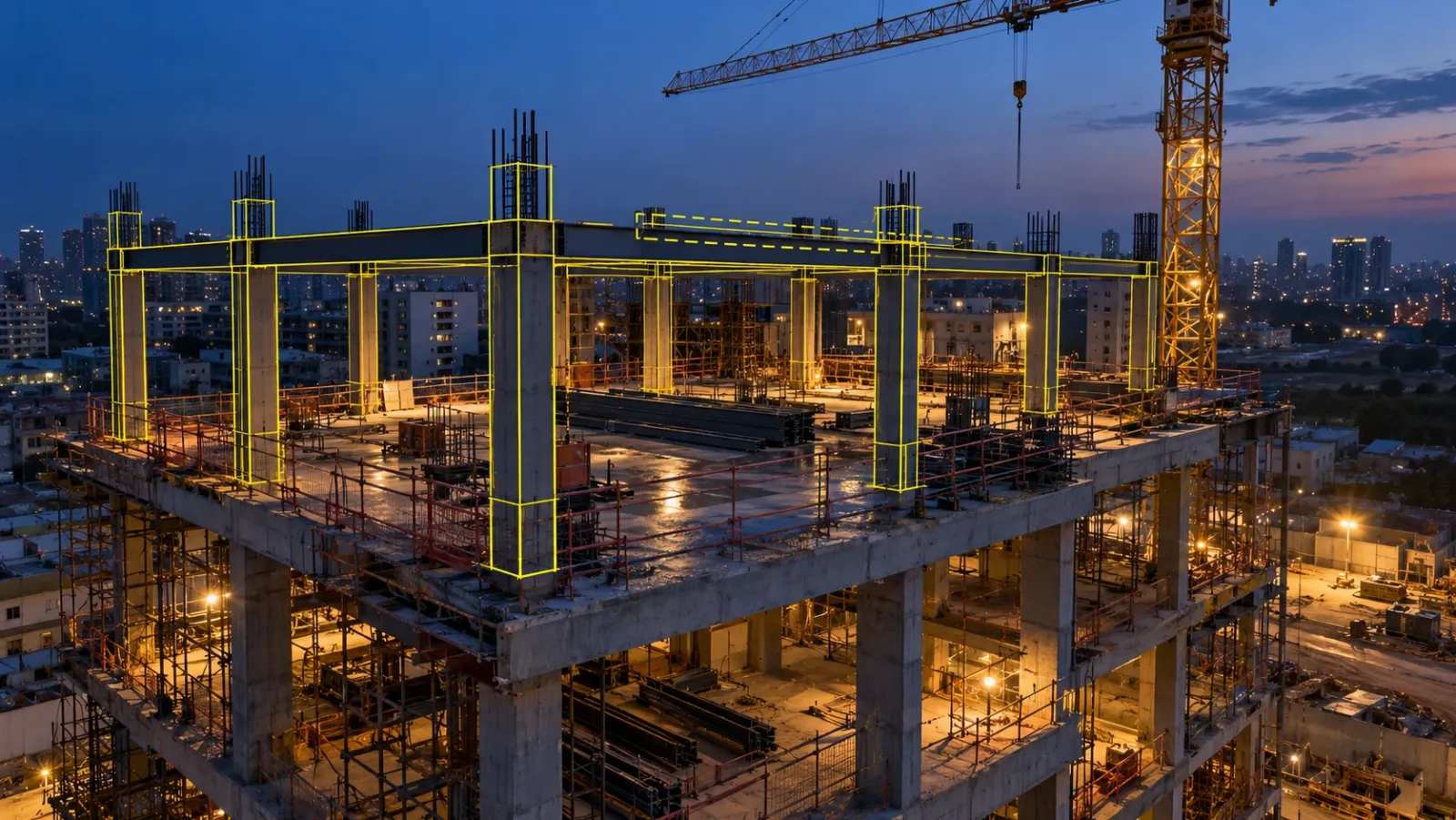 Low aerial view of a building frame at blue hour with a yellow wireframe of the BIM model traced over the real columns and beams, one beam outline slightly offset