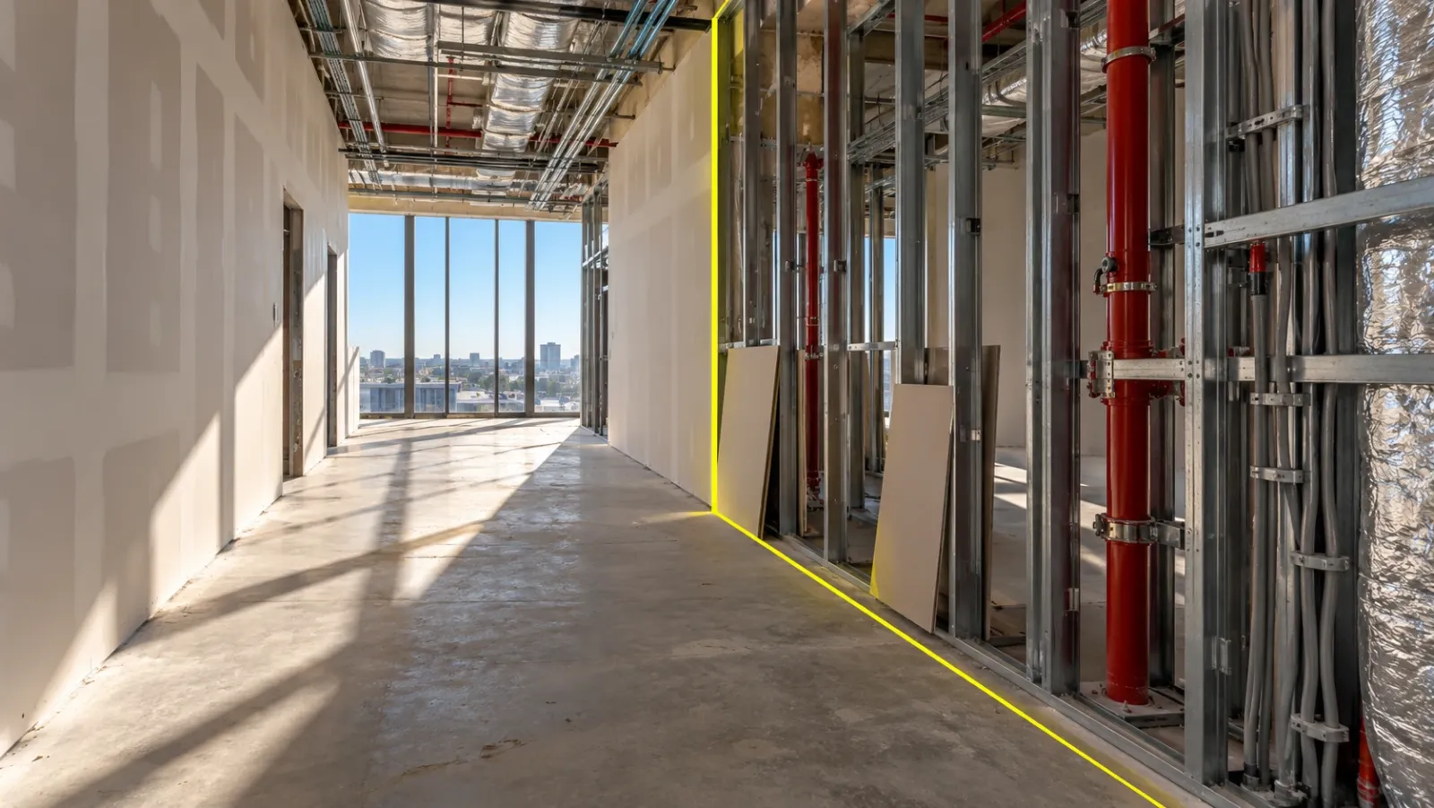 Office corridor during fit-out in bright midday light, one wall boarded and finished and the opposite wall still open studs with sprinkler pipe, conduit and ductwork, the boundary between them marked by a thin yellow line