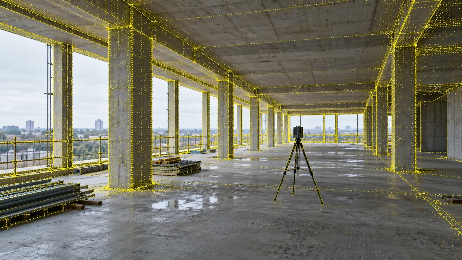 Open concrete floor of a building under construction with a laser scanner and a yellow point cloud tracing columns and slab edges