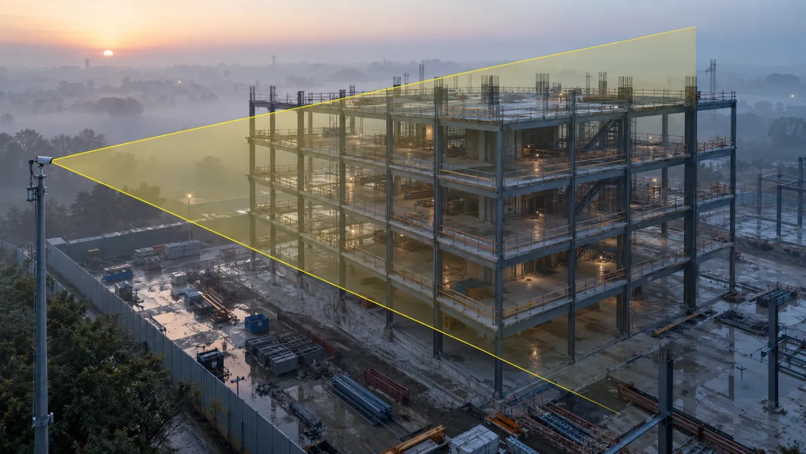 Low aerial view of a steel and concrete building frame in early dawn mist, with a fixed camera on a mast at one corner and a thin yellow field of view spreading across the whole frame