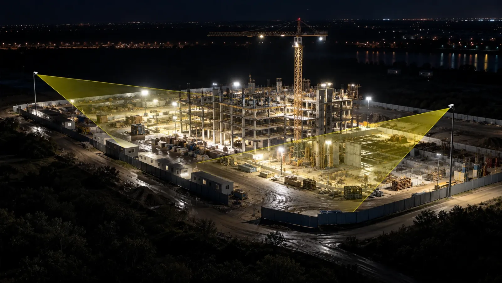 Construction site at night under floodlights with thin yellow outlines showing the views of two fixed site cameras
