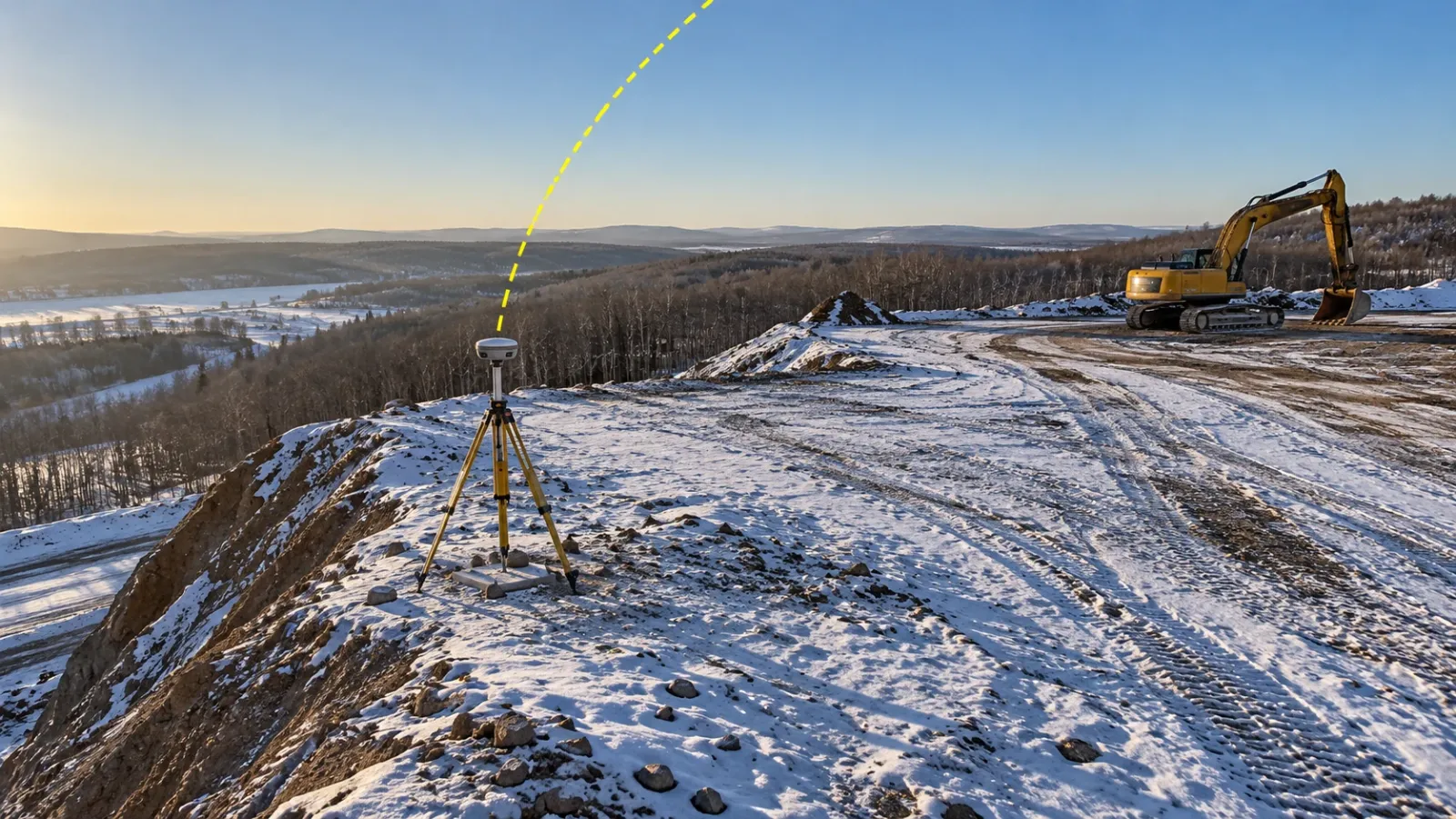 Low aerial view of a snow-dusted earthworks platform on a winter morning, with a GNSS base station on a tripod beside a cut slope and a parked excavator