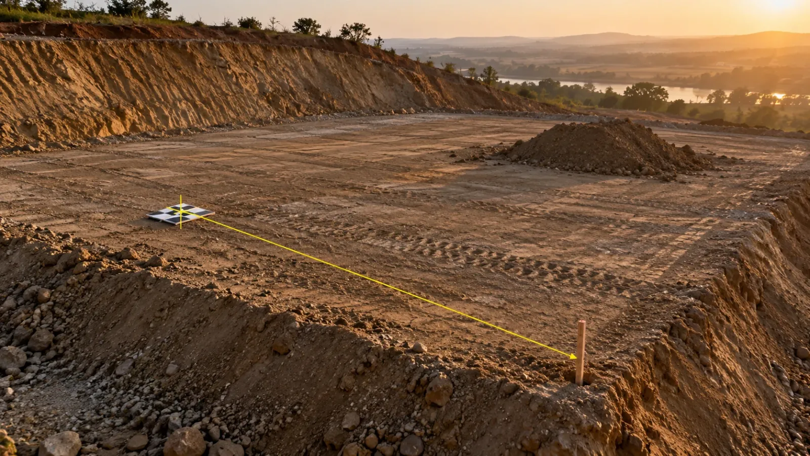Low aerial view of a graded earthworks platform in warm golden light, with a yellow crosshair locked onto a ground control target and a thin yellow line running to a staked site corner