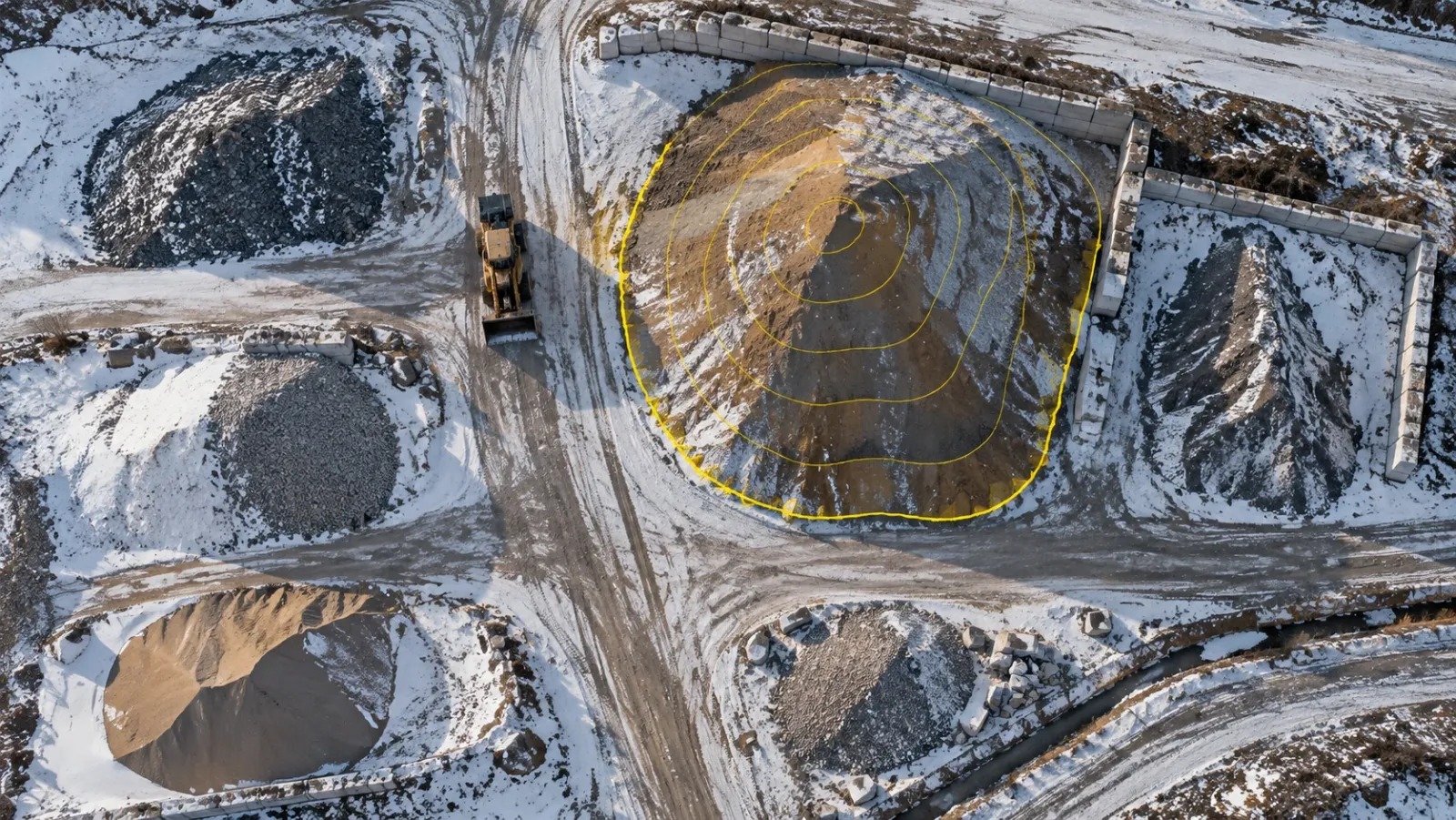 Top-down drone view of a winter earthworks yard with several soil and aggregate stockpiles dusted with snow, one pile outlined in yellow along its toe with faint contour rings rising to its crest