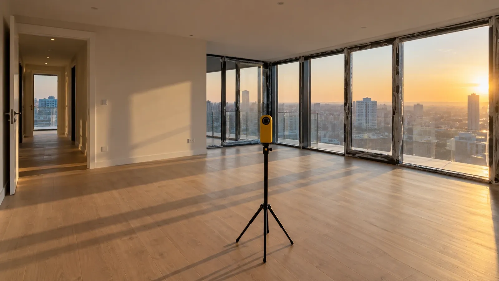Empty, nearly finished apartment in a new tower lit by low golden sun, with a compact yellow 360° camera on a slim tripod in the middle of the room
