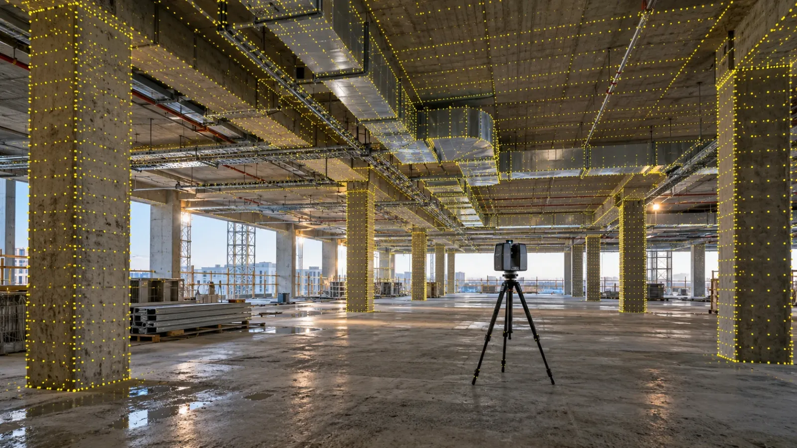 Unfinished concrete floor of a building under temporary work lights, with a laser scanner on a tripod and a fine yellow dot pattern tracing the columns, ducts and ceiling soffit