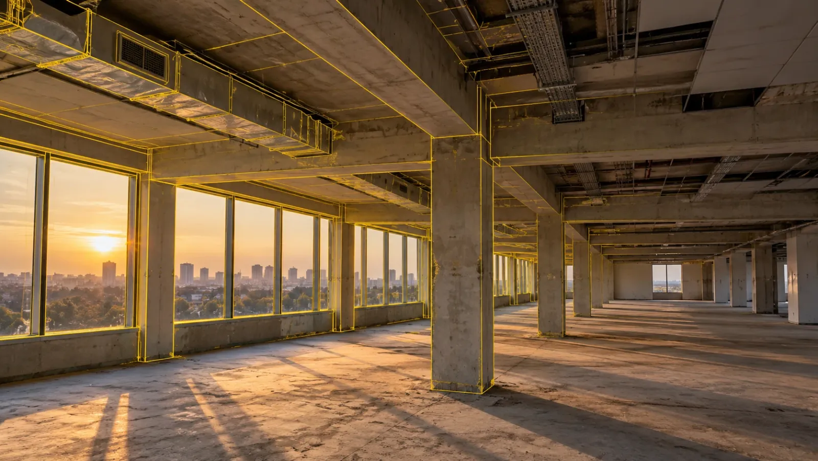 Empty office floor in an older building at golden hour, with yellow model edges traced over the columns, beams and window openings on one half of the room