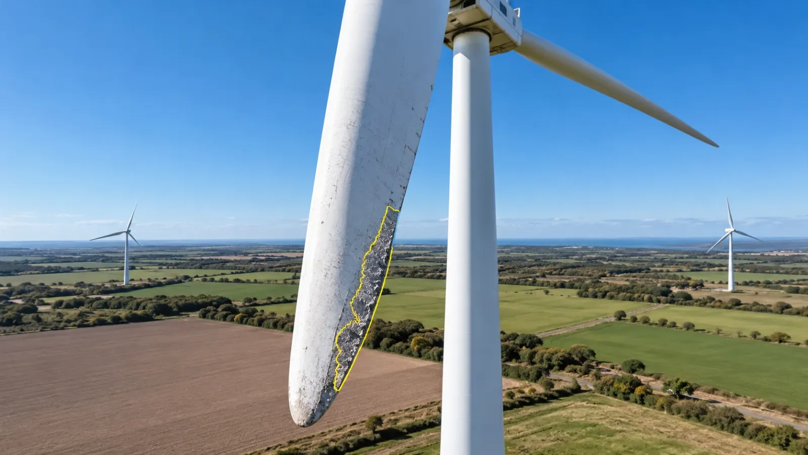 Close aerial view of a stopped onshore wind turbine at midday with one blade pointing down, and a short worn section of its leading edge near the tip outlined in yellow